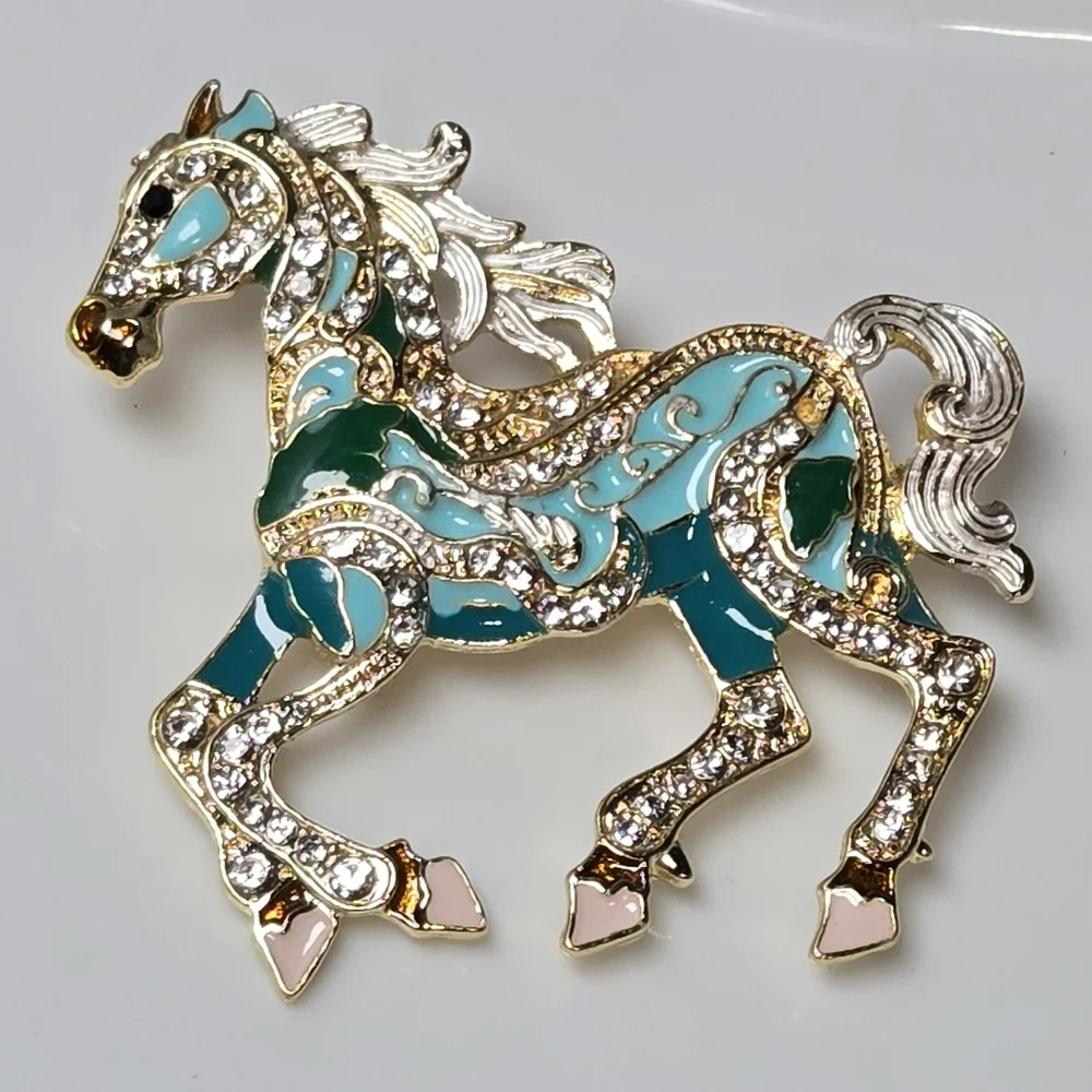 Teal Rhinestone Galloping Horse Brooch Western Equestrian Pin Whimsy Equine Gift